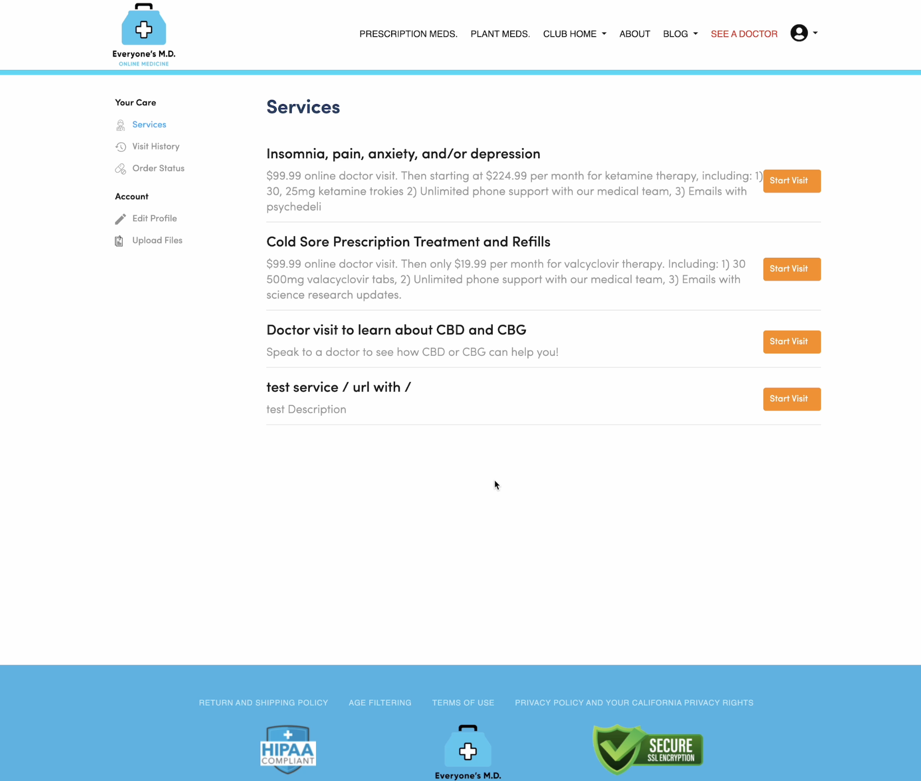 Choose a service to start a visit with a licensed doctor